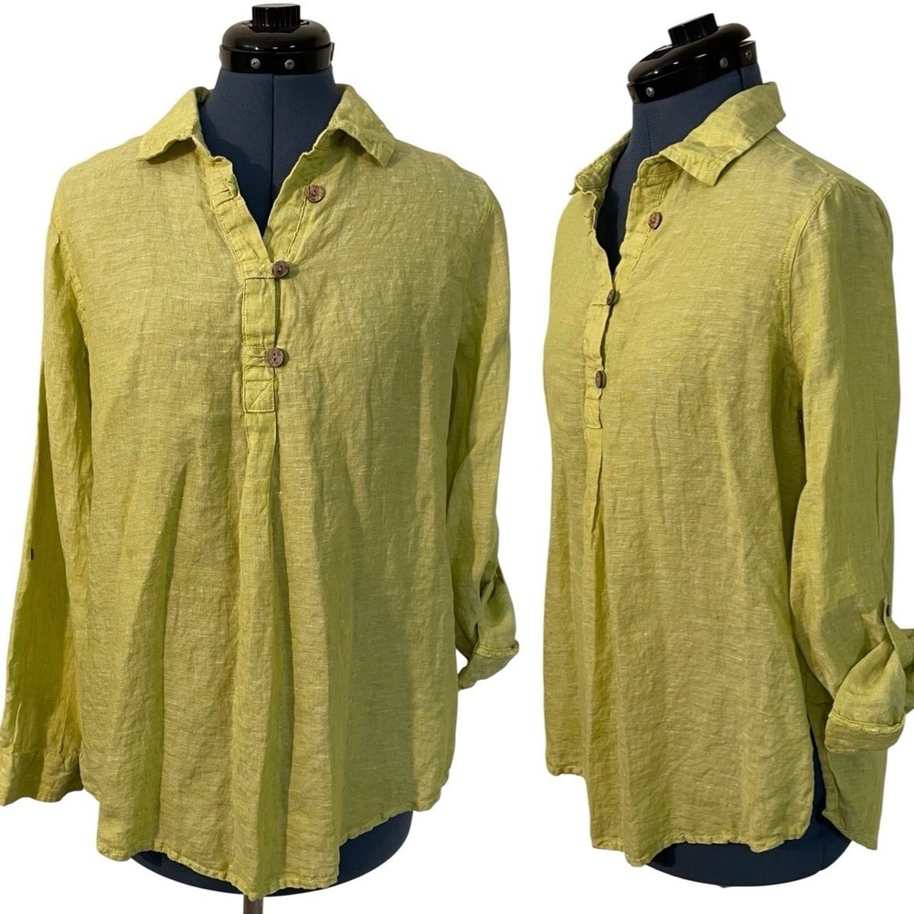Sigrid Olsen Yellow Lime Linen Popover Roll Tab Sleeve Tunic Preppy‎ Coastal S